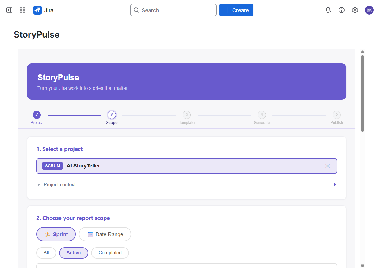 Select project in StoryPulse