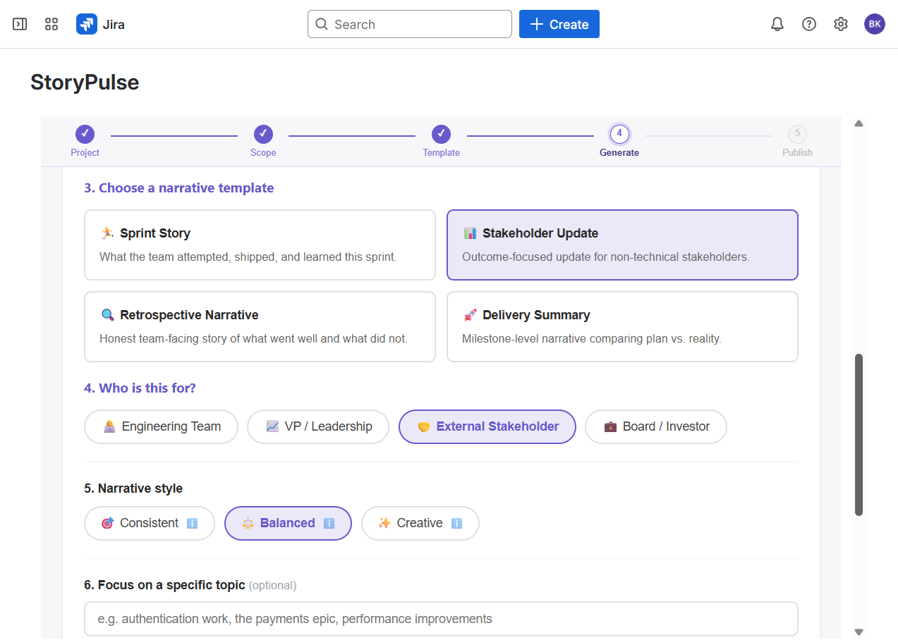 Choose narrative template and audience